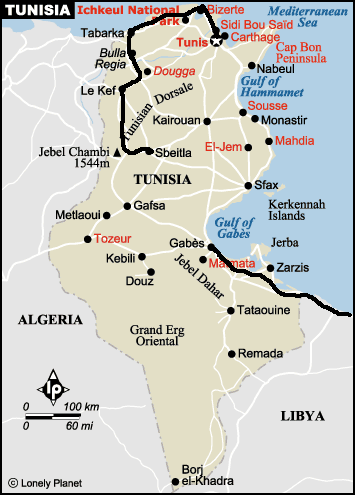 overzichtkaart route in Tunesie